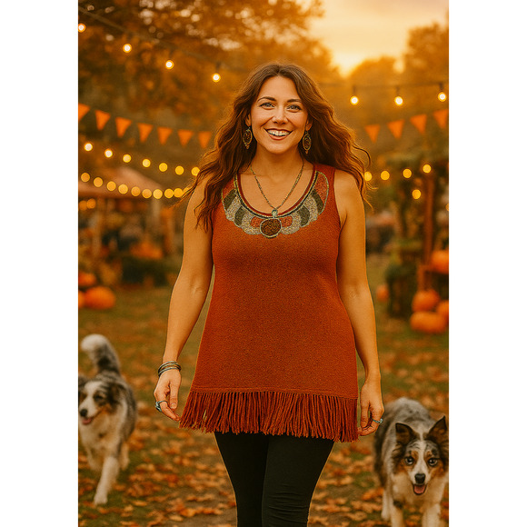 Vintage Crocheted Tunic Tank Sweater Womens 2X Burnt Orange Beaded Fringe Boho - Picture 1 of 11